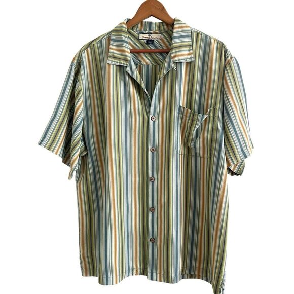 Tommy Bahama Silk Shirt L Vertical Stripe Wooden Buttons Resort Retro 90s - Picture 1 of 12